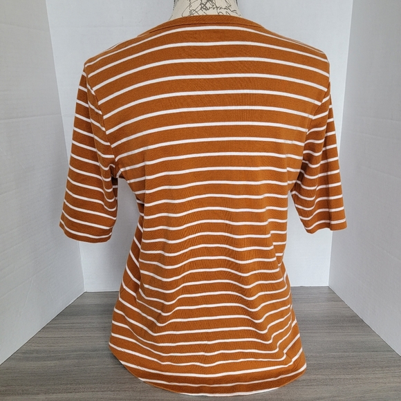 Lands' End Orange & White Striped Quarter Button Short Sleeve Cotton Top - Sz L - Picture 4 of 7